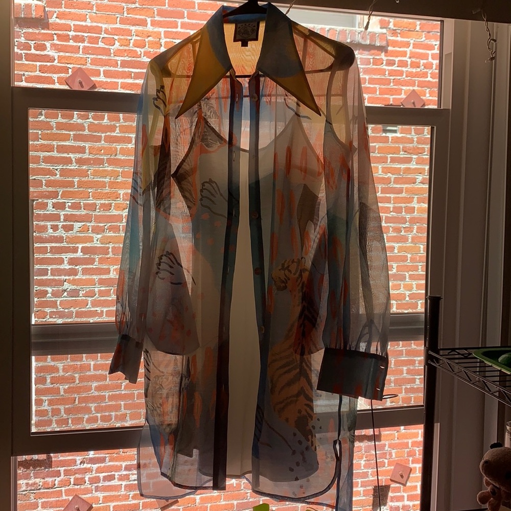 Mukzin sheer tiger button down midi dress sz M
